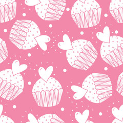 Sweet cake. Seamless pattern. Pink background.
