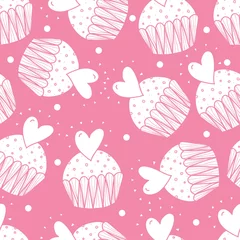 Muurstickers Sweet cake. Seamless pattern. Pink background. © vyazovskaya