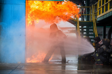 Fototapeta premium Firemen using water from hose for fire fighting at firefight training of insurance group. Firefighter wearing a fire suit for safety under the danger case.