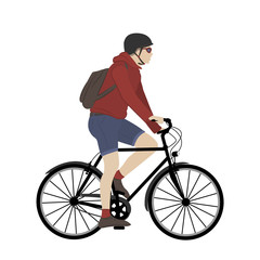 Urban city bicycle rider. Adult male bike commuter. Young man wearing red hoodie, blue shorts, backpack, helmet, glasses. City transportation. Isolated character on white background.