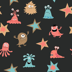 Cute seamless texture with decorative aliens and stars