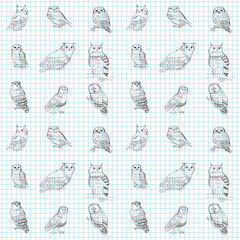 Fototapeta premium Seamless texture with owls on a background of a sheet of paper