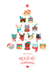 1752712 Merry Christmas greeting card with cute Xmas tree with cats heads.