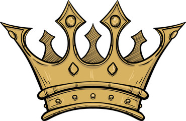 Golden king crown. Hand drawn vector stock illustration. Black and white whiteboard drawing.