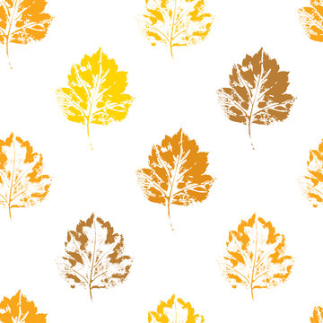 Colorful seamless pattern of autumn, fall howthorn leaves, hand made ink print, stamp, vector illustration on white background. Hand printed grunge, silhouette seamless pattern of autumn leaves