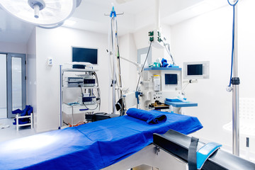 Close up details of technological medical equipment in surgery room. LIfe support systems. Surgeon...