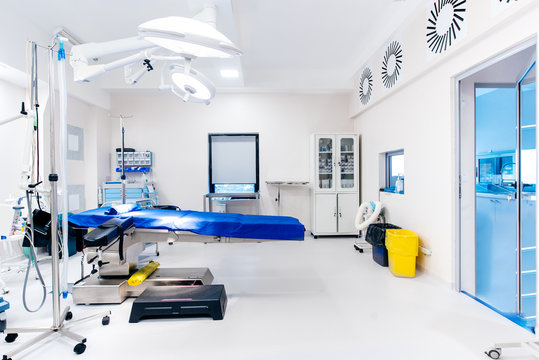 Surgery operating room, details of lamps and table in empty operating room. Healthcare concept