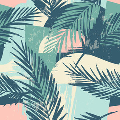 Obraz premium Seamless exotic pattern with tropical plants and artistic background.