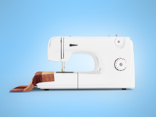 Modern home sewing machine with workpiece for sewing white side view 3d render on blue background