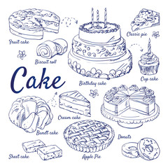 Doodle set of cake - Fruit, Biscuit, Classic, Cup cake, birthday, Cream, Bundt, Sheet, Apple, Pie, Donuts, candles, wedding, hand-drawn. Vector sketch illustration isolated over white background.