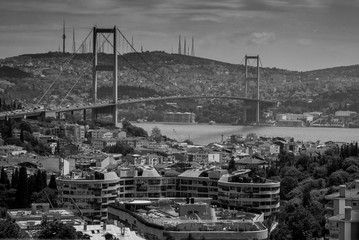 Suspension bridge over cityscape of Istanbul.
