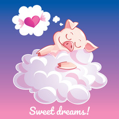 Greeting card with a cartoon pig on the cloud