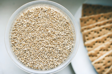 Oatmeal in glass jars and thin crispbread. Healthy Breakfast. Healthy eating