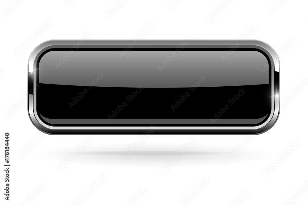 Sticker black rectangle button with bold chrome frame. 3d shiny icon