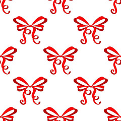 Red ribbon tied bow. Hand drawn sketch. Seamless pattern