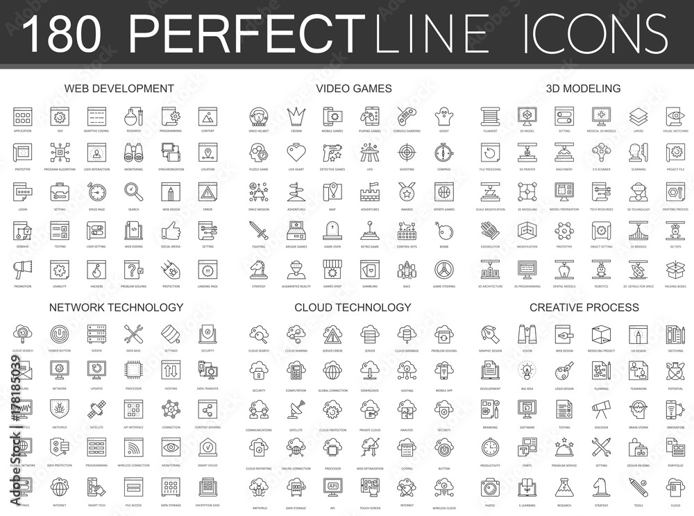 Poster 180 modern thin line icons set of web development, video games, 3d modeling, network technology, clo