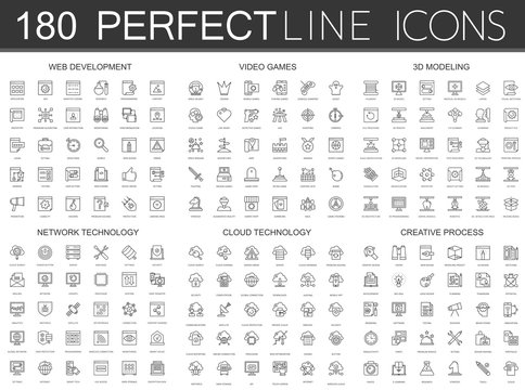 180 modern thin line icons set of web development, video games, 3d modeling, network technology, cloud data technology, creative process.