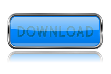 Long blue DOWNLOAD button with bold chrome frame. 3d shiny icon
