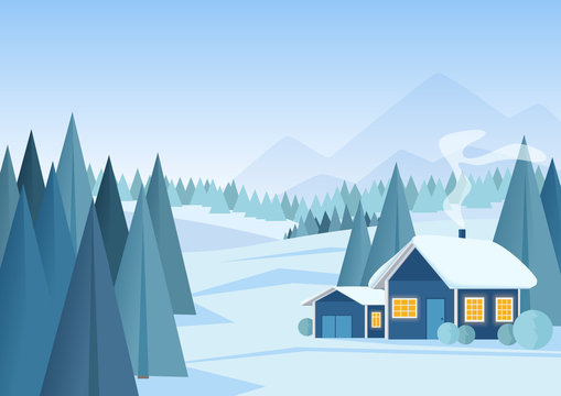 Vector Beautiful Christmas winter snowy landscape background with mountains and low poly fir trees.