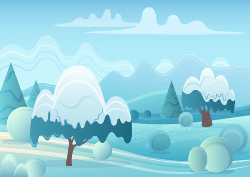Vector illustration of cartoon game landscape with snowy trees in winter forest.