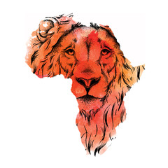 Ethnic hand drawing head of lion in the vector map of Africa. Vector illustration. Abstract Background with Watercolor Stains