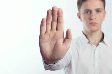 Man making stop gesture