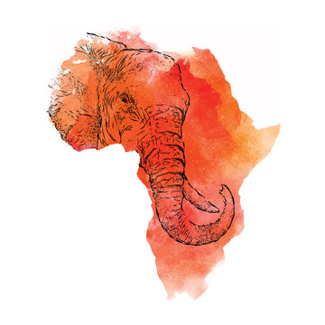Ethnic hand drawing head of elephant in the vector map of Africa. Vector illustration. Abstract Background with Watercolor Stains