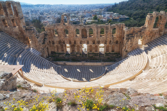 Ancient herodes atticus theater amphitheater of Acropolis of Athens, landmark of Greece