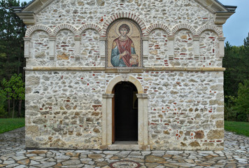Fototapeta na wymiar Front of main stone church monastery Hopovo in Serbia