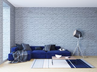Living room in brick walls loft interior with navy sofa and sofit lamp