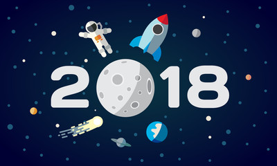 Flat space theme illustration for calendar. The astronaut and rocket on the moon background. 2018 Happy New Year cover, poster, flyer.