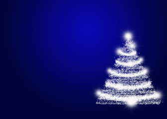 Fondo navideño azul con pino brillante con luz blanca.