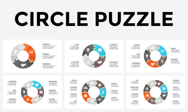 Vector circle arrows puzzle infographic, cycle diagram, graph, presentation chart. Business concept with 3, 4, 5, 6, 7, 8 options, parts, steps, processes.