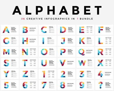 Vector alphabet infographic, presentation slide template. Business typographic concept with all numbers and letters. 16x9 aspect ratio. 36 infographics in 1 bundle. Latin type.
