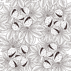 Seamless pattern with leaves and fruits of chestnut tree in monochrome, black shades on a white background.