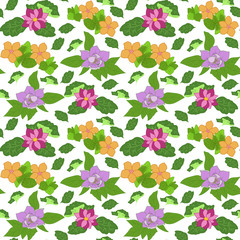 seamless pattern of blooming meadows on a white background, white background, green foliage, colorful flowers