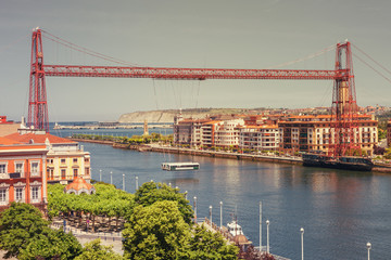 Vizcaya Bridge, links the towns of Portugalete and Getxo, Basque Country, Vizcaya, Spain - obrazy, fototapety, plakaty