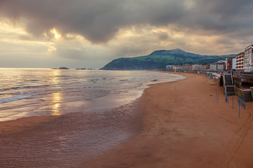Sunrise on the beach of Zarautz, Basque Country, way of the St. James, Spain