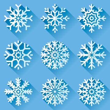 Snowflakes icon set in flat style on blue background. Ice crystal. Vector winter design element for you Christmas and New Year's projects