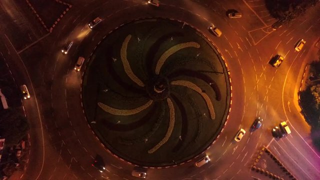 Circle roadway at night in the city of Yangon
