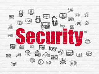 Safety concept: Painted red text Security on White Brick wall background with  Hand Drawn Security Icons