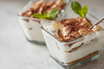 Tiramisu dessert cake in portion bowl