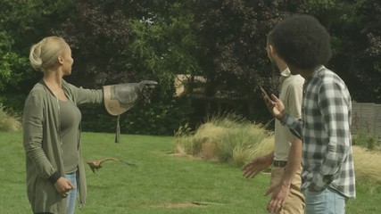  Visitors to a falconry centre handling & taking photo of a golden eagle - Powered by Adobe