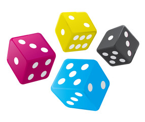 Dices with CMYK colors.
Dice in cmyk colors on the white background. Concept for presenting of color printing. Vector available. 
