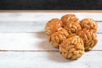 Some typical Spanish pastry "panellets" in Catalonia at All Saint's Day. Empty copy space for Editor's content.