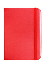 Red leather notebook with elastic band closure isolated on white background.