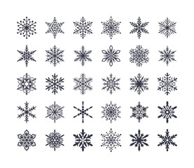 Cute snowflakes collection isolated on white background. Flat snow icons, snow flakes silhouette. Nice element for christmas banner, cards. New year ornament. Organic and geometric snowflake set.