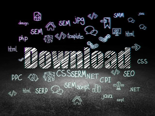 Web development concept: Glowing text Download,  Hand Drawn Site Development Icons in grunge dark room with Dirty Floor, black background