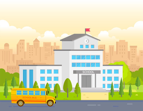 City school building with yellow bus - modern vector illustration