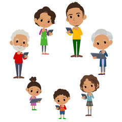 family 3 generations internet communication black_smartphone tablet round